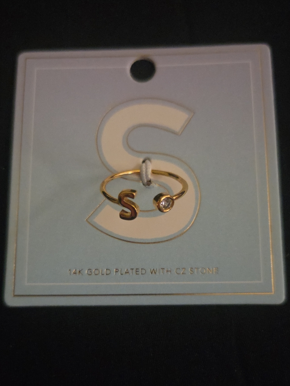 Gold Initial S Ring with CZ Accent - 14K Gold Plated